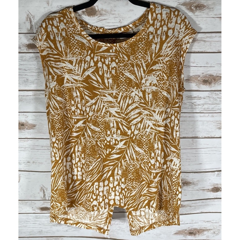 Christian Siriano 100% Linen Mustard Yellow and White Printed Cap Sleeve Blouse